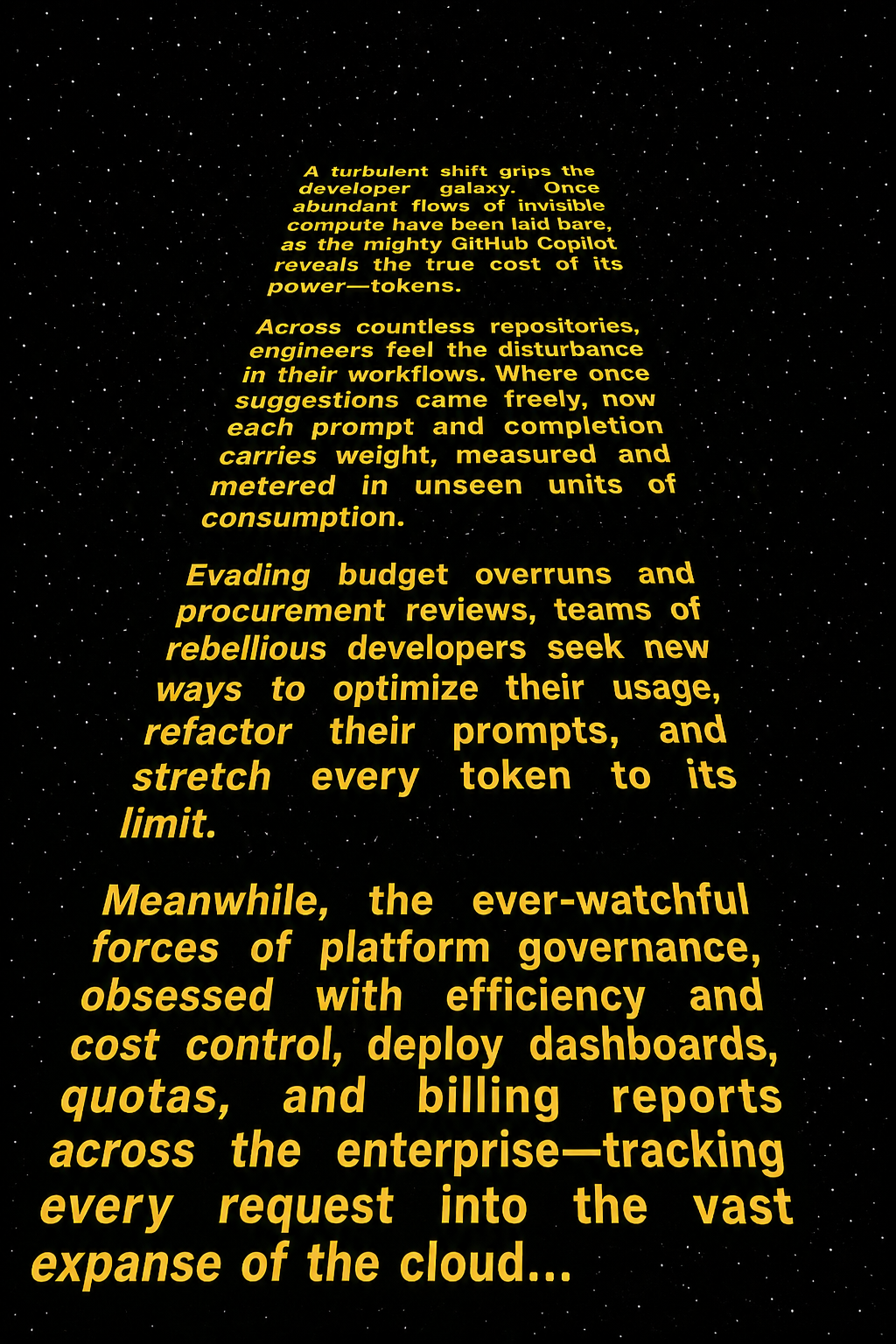 GitHub Billing Crawl - Star Wars style opening crawl about GitHub Copilot tokens